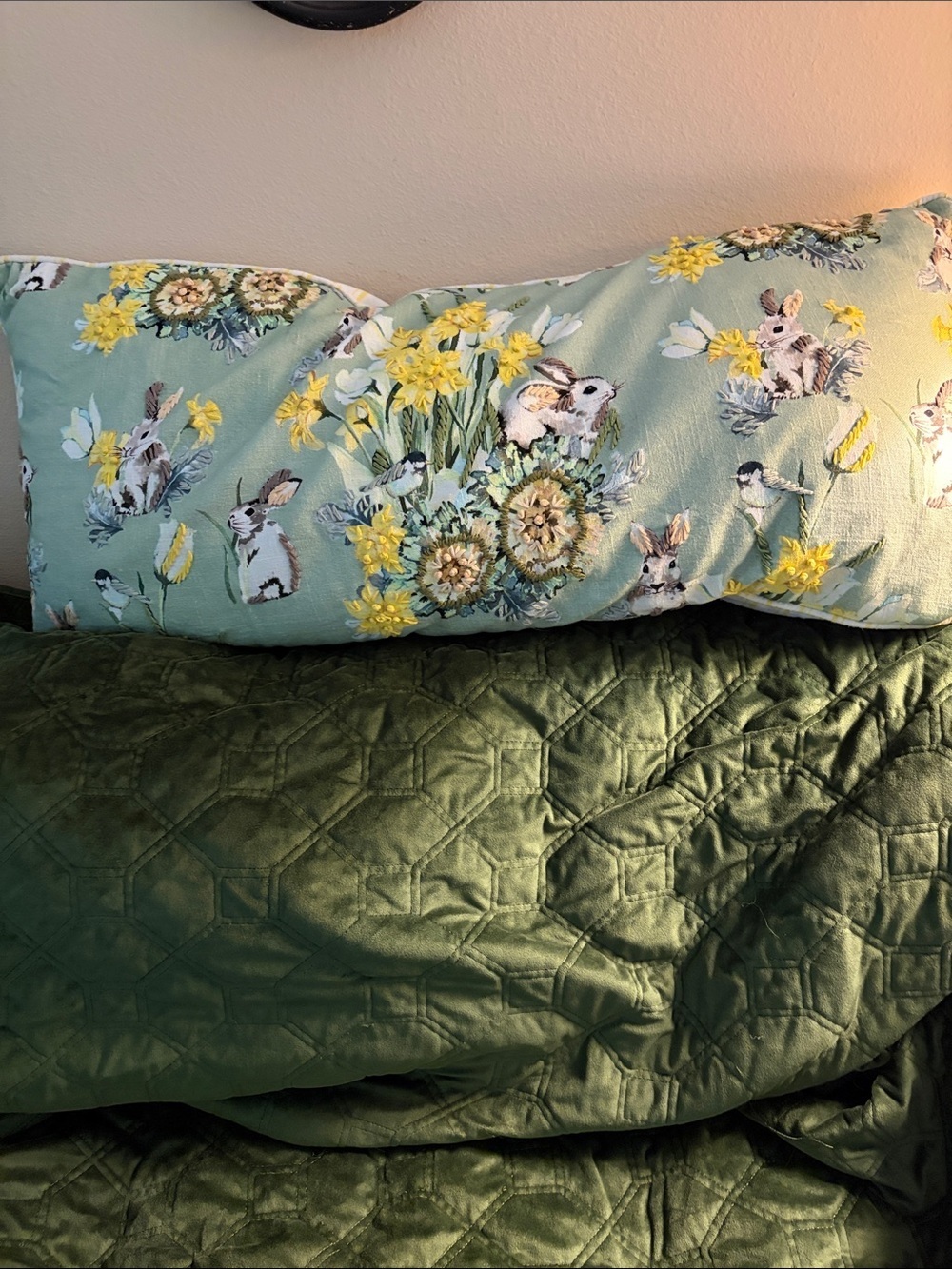 Accent pillow birds, daffodils,, tulips,rabbits in greens, yellows, blues,